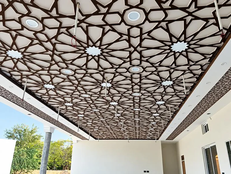 Geometric ceiling treatment at the entrance portico